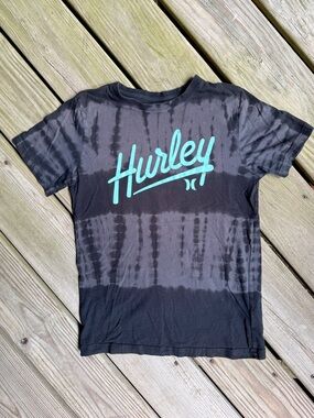 Hurley Boys Black Tie Dye Graphic T Shirt Size L 14 Teal Aqua Logo Short Sleeve